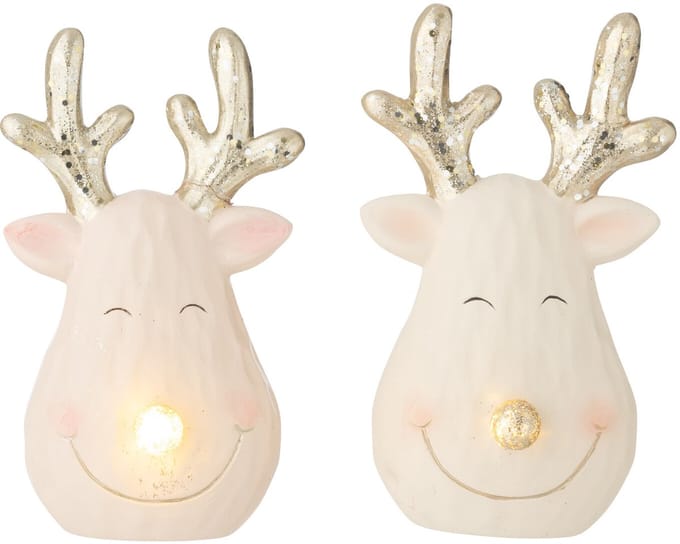 J-Line figuur Rendier Hoofd - keramiek - mix - small - 2 stuks - LED lichtjes