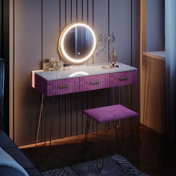 Make-up Tafel met Kruk en LED Spiegel 100 cm Roze/Wit