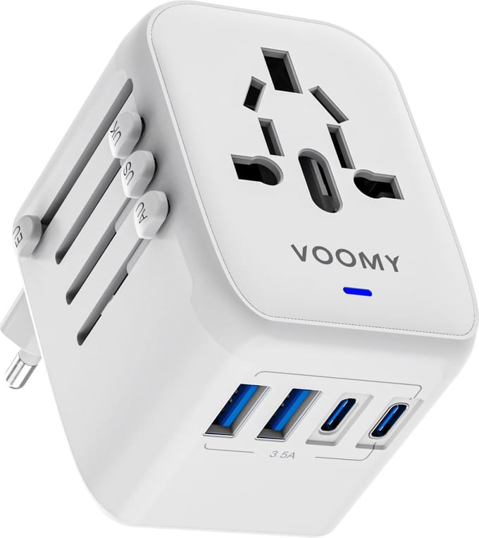 Voomy Wereldstekker Universeel - 200+ Landen Reisstekker - 2 USB-C & 2 USB-A - Wit