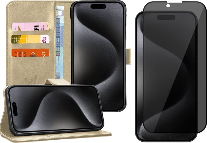 Hoesje geschikt voor iPhone 15 Pro - Privacy Screen Protector FullGuard - Book Case Kunstleer Pasjeshouder Goud & Screenprotector