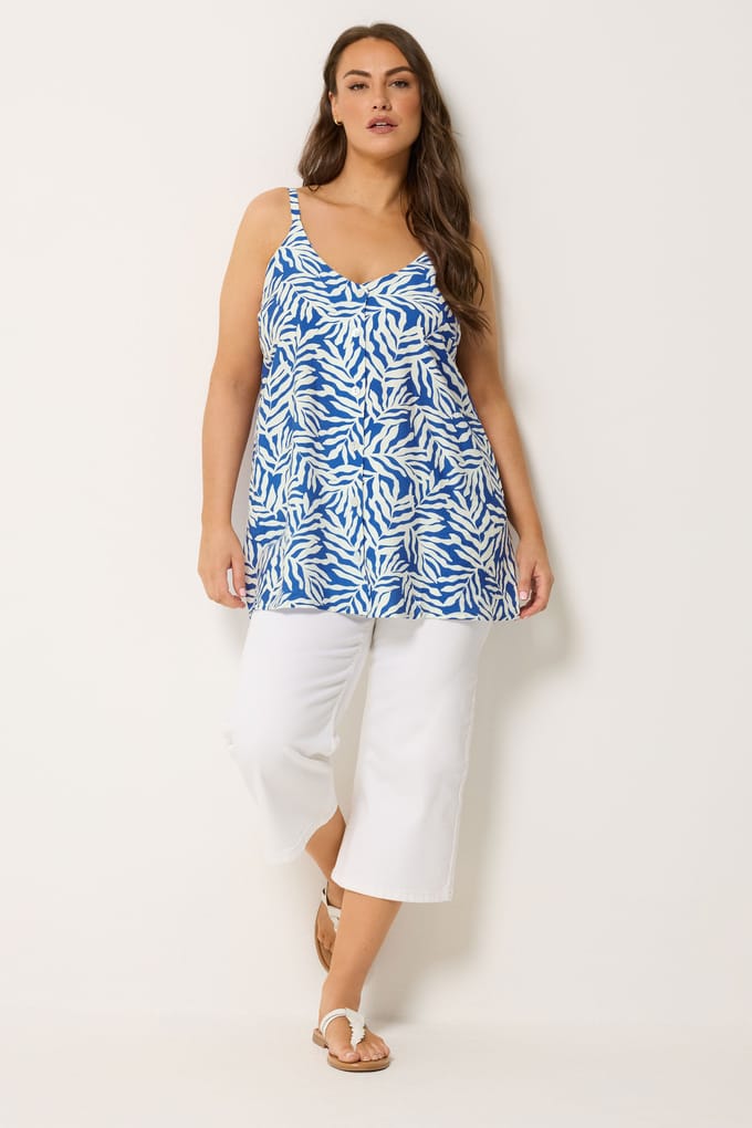 Yours Blauwe Mouwloze Top Met Bladerprint Size 42
