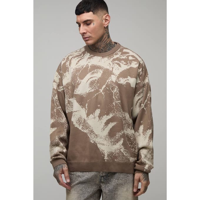Tall Oversized Renaissance Jacquard Knitted Jumper | Taupe | Size Medium