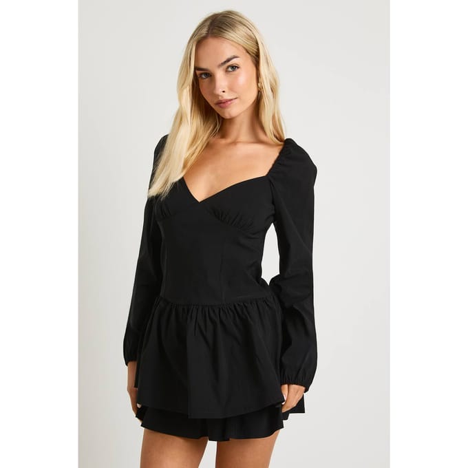 boohoo Dames Ruche lange mouwen melkmeisje mini-jurk | Black | Maat: 10