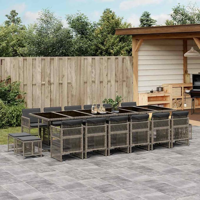vidaXL - 17-delige - Tuinset - met - kussens - poly - rattan - grijs