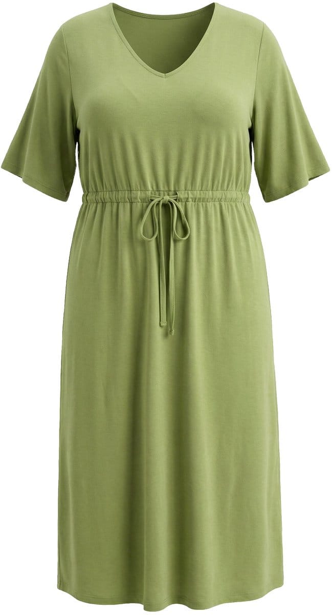 Ulla Popken - Dames - Maxi-jurk A-lijn V-hals korte mouw - Grasgroen - Maat 62+