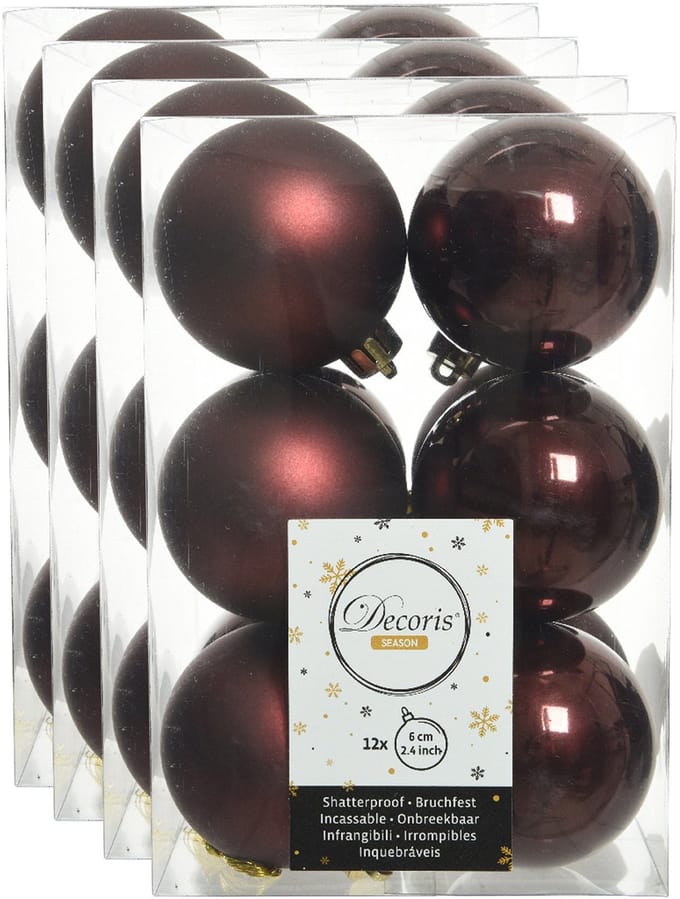 Decoris Kerstballen - 48x stuks - kunststof - mahonie bruin - 6 cm