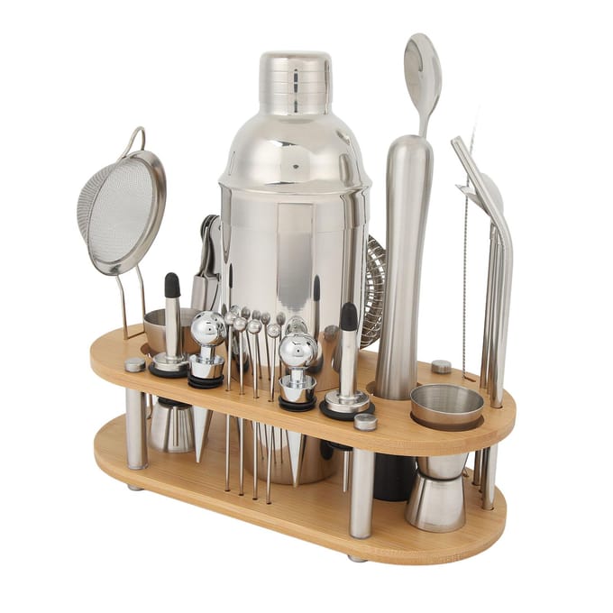 Cocktail Shaker Set Roestvrij Staal Multifunctionele Bartender Kit Bamboe Standaard voor Home Bar Feest L white