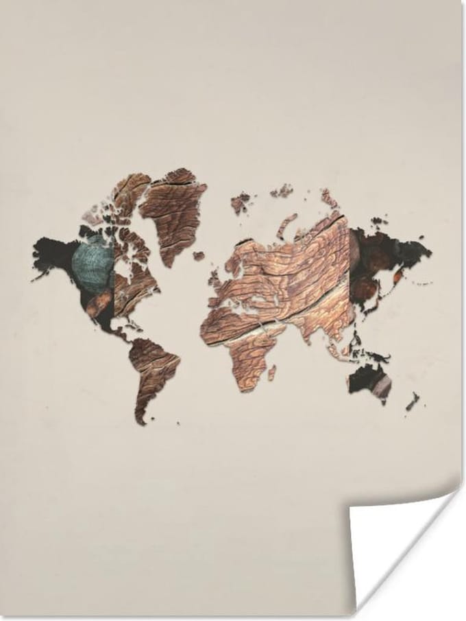 Poster - Wereldkaart - Hout - Bruin - 30x40 cm