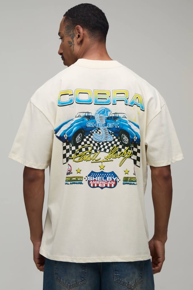 Ecru Oversized T-shirt Met Shelby Cobra Auto Kentekenplaat Print | Size XL