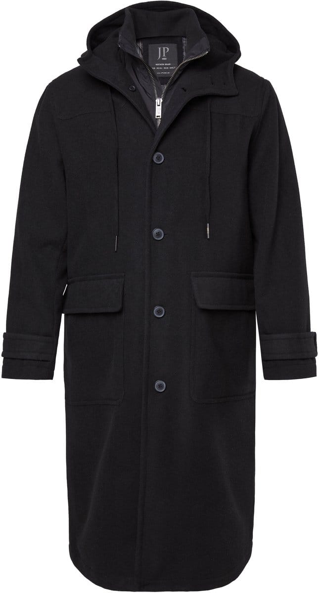 JP 1880 - Heren - Functionele jas in wollook waterafstotend capuchon rits - Zwart - Maat L