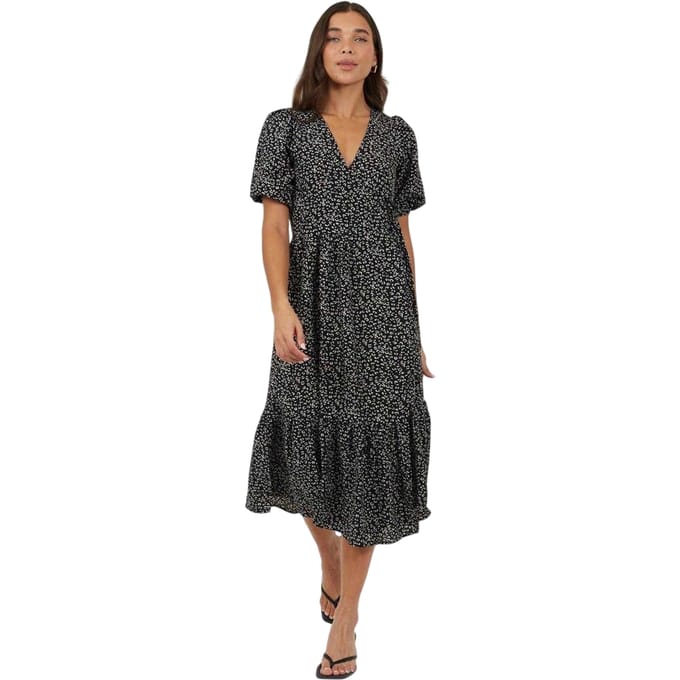 Brave Soul Dames/Dames Puff Sleeve Wrap Dress (Zwart, Wit)