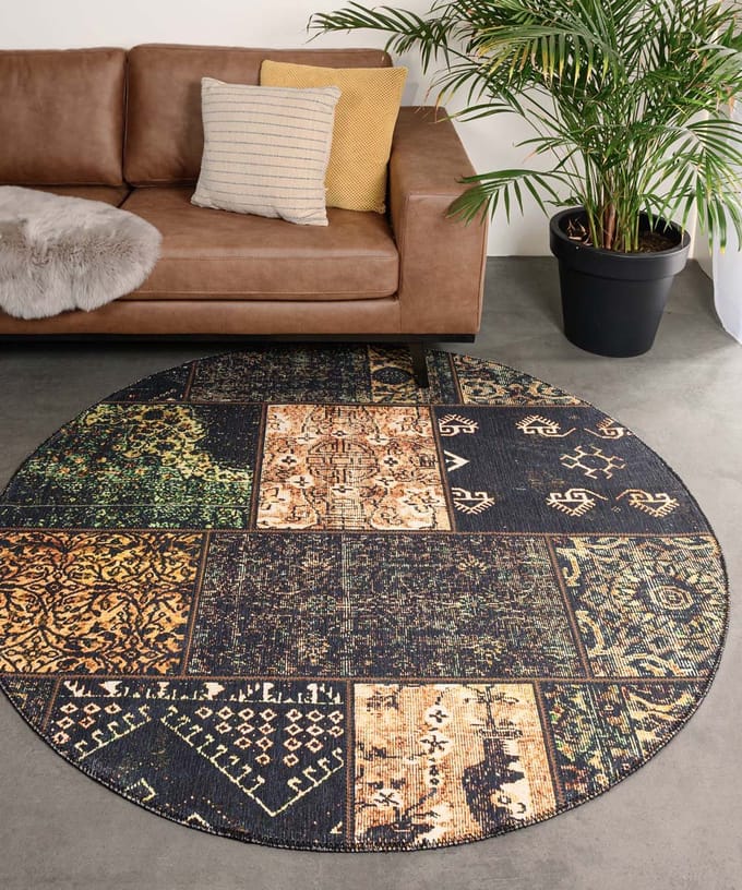 Patchwork vloerkleed rond - Fade No.1 olijfgroen 76