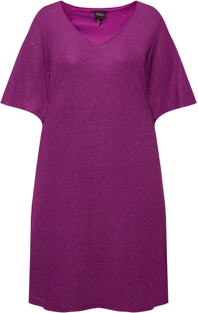 Ulla Popken - Dames - Jurk glittereffect A-lijn V-hals 3/4-mouwen - Moerbei - Maat 54+