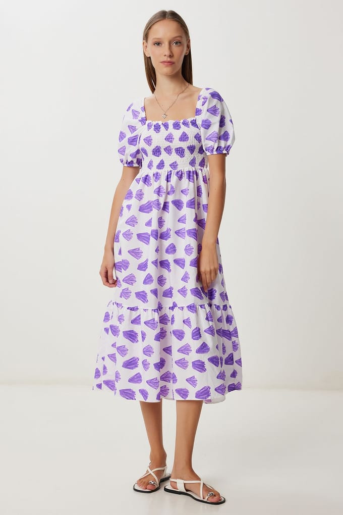 Fruity Abstract Print A-Lijn Midi Jurk met Vierkante Kraag