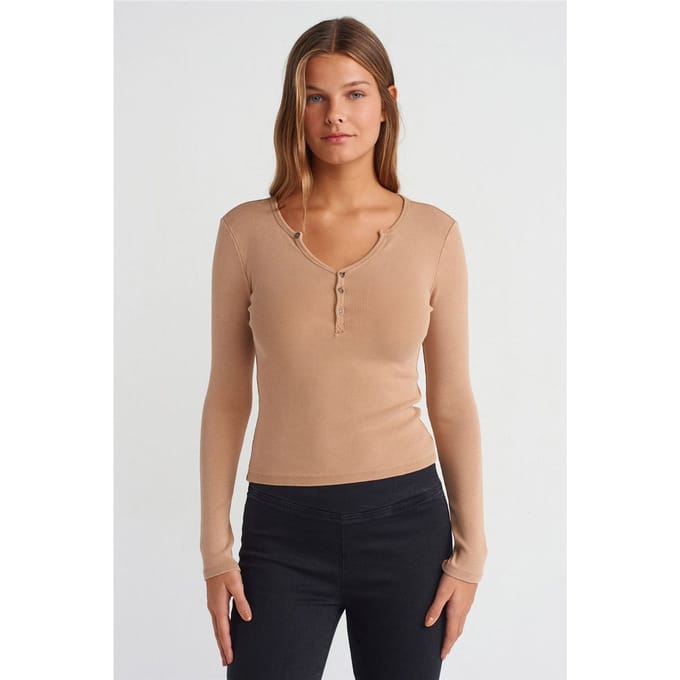 Slim Fit Katoenen Jersey Knop Blouse