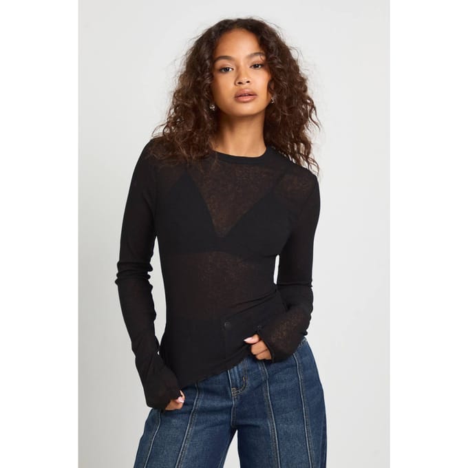 boohoo Dames Geribbelde getextureerde mesh top met lange mouwen | Zwart | Maat: 36