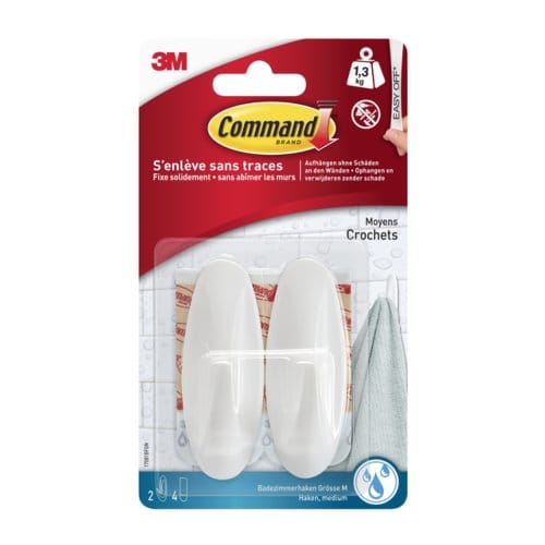 Command decohaak, medium, draagvermogen 1,4 kg, wit, waterbestendig, blister van 2 stuks