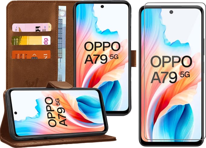 Hoesje geschikt voor Oppo A79 - Screenprotector Glas - Portemonnee Book Case Bruin