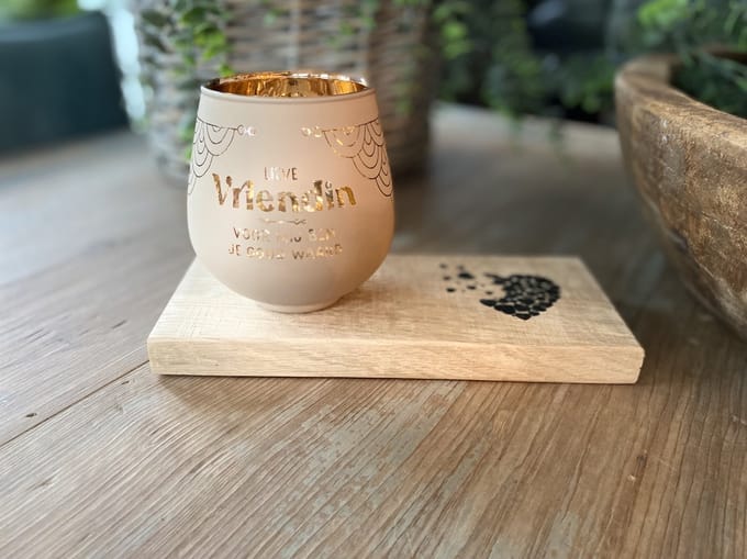 Creaties van Hier - Vriendin - Kaarsen - Theelichthouder met Plankje - Glas - 9,4x8,9 cm