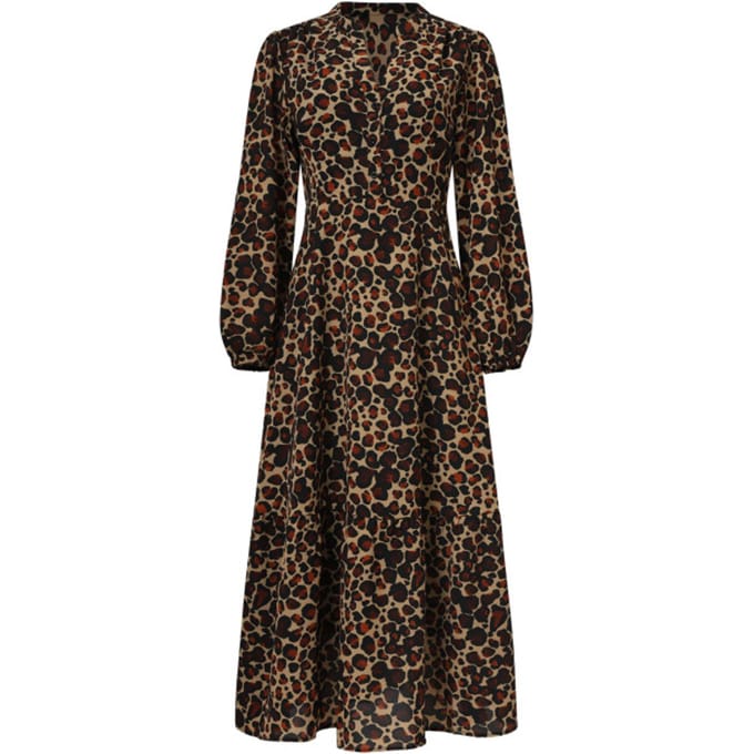 Smashed Lemon Chiffon dierenprint jurk met pofmouwen en v-hals in camel en bruin |