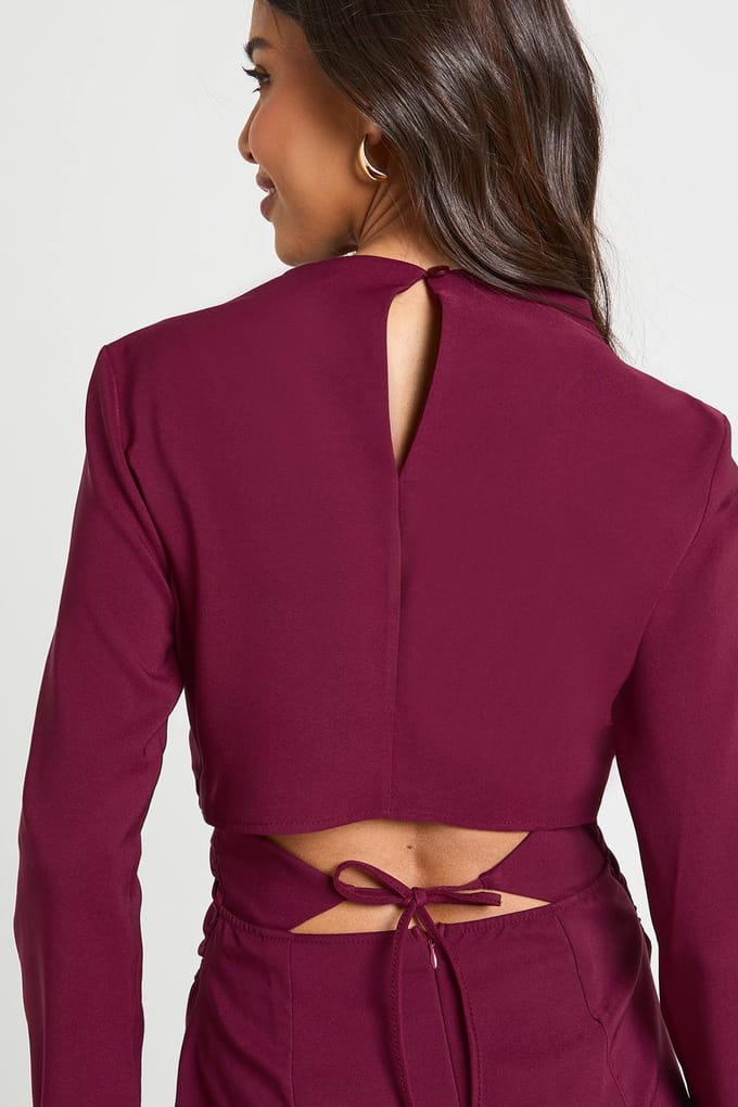 boohoo Dames Langmouwige geraffleerde hoge hals shiftjurk | Bordeaux Rood | Maat: 38
