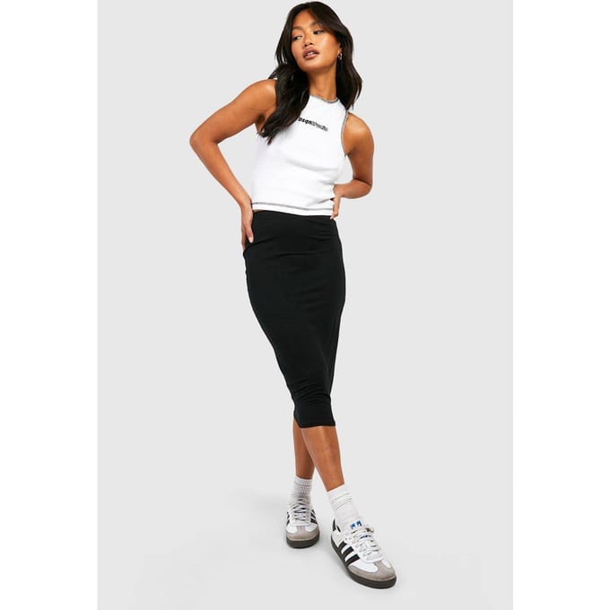 Dames Boohoo Basics Effen Zwarte Hoge Taille Midi Rok | Maat: 38