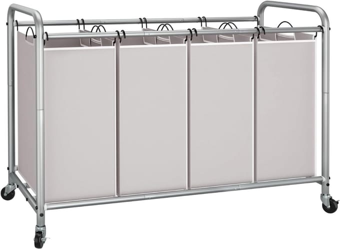 AMA® Wasmand 4 Vakken - Wassorteerder - Waszak - Bamboe Frame - Grijs - ‎100x43x80cm