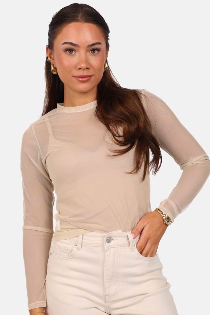 Getdrezzed Top - Maat: M - Mesh top met ronde hals beige