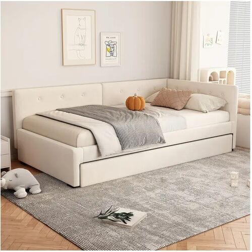 Merax Uitschuifbed - 90 x 200 cm + 90 x 190 cm - met hoofdbord - fluweel - beige