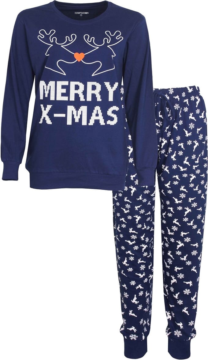 Temptation Dames Pyjama - Pyjama Set - Lange Mouwen - Katoen - Blauw - Maat S