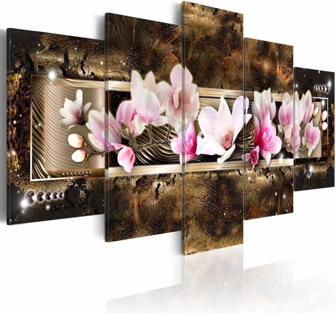 Schilderij - Droom  van een Magnolia , bruin wit , 5 luik