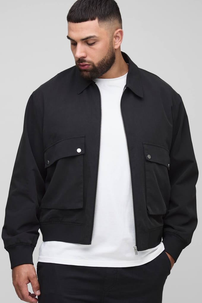 Plus Technical Utility Cargo Pocket Harrington Jacket | Black | Size 2XL