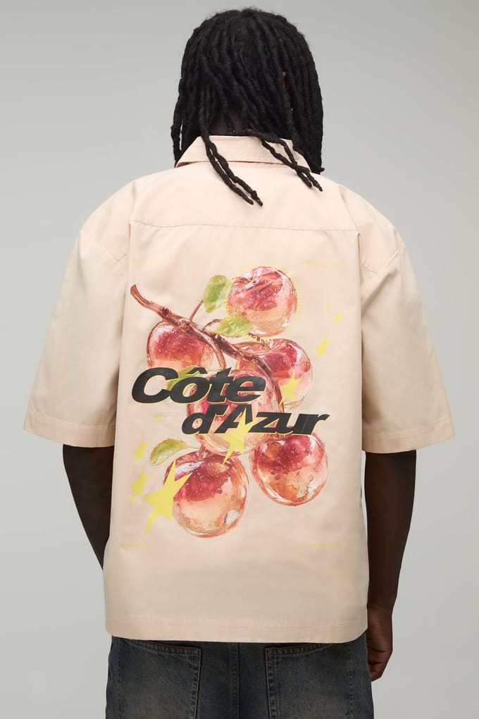 Oversized Shirt Met Halve Mouwen En Appelprint | Natural | Size 2XL