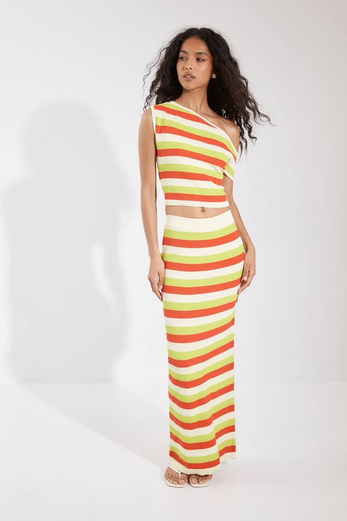 boohoo Dames Gebreide Asymmetrische Schouder Top En Maxi Rok Co-ord | Maat: Medium