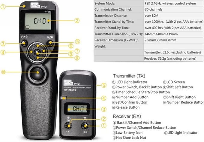 Pixel Draadloze Timer Afstandsbediening TW-283/DC2 voor Nikon