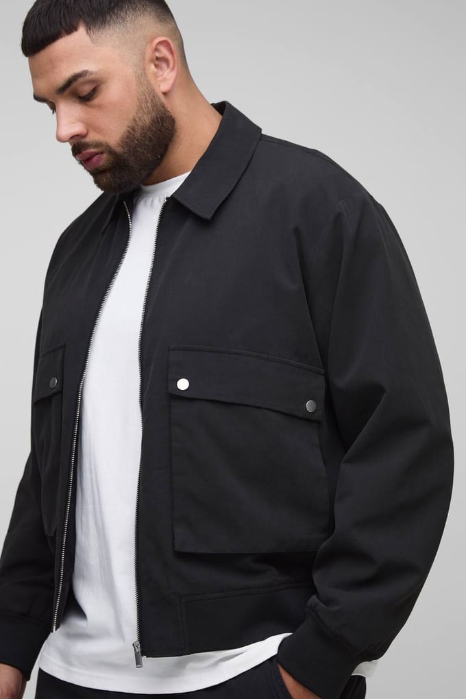 Plus Technical Utility Cargo Pocket Harrington Jacket | Black | Size 2XL