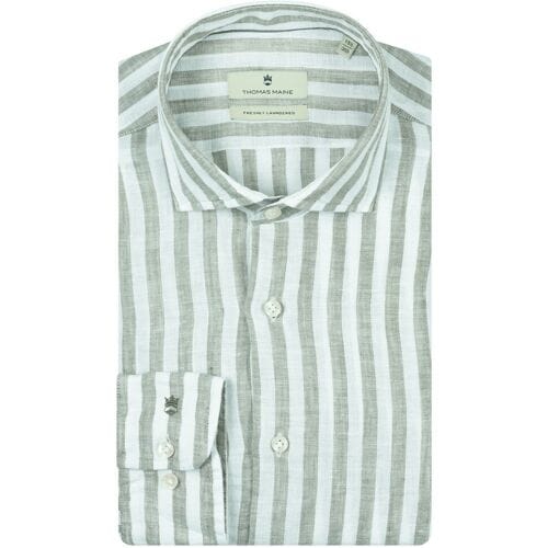Thomas Maine Overhemd Roma Modern Kent Linnen Stripe Groen / male