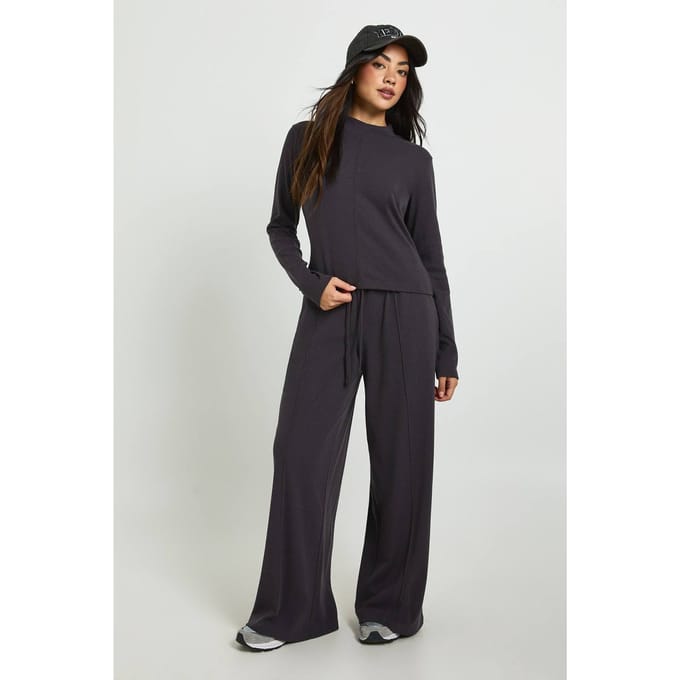 boohoo Dames Geribd lange mouwen hoge hals trainingspak | Houtskool | Maat: Medium