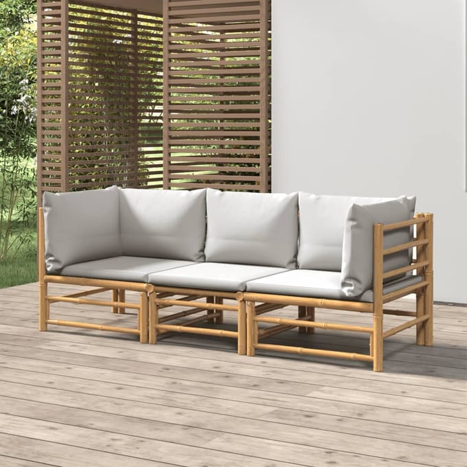 vidaXL - 3-delige - Loungeset - met - kussens - bamboe - lichtgrijs
