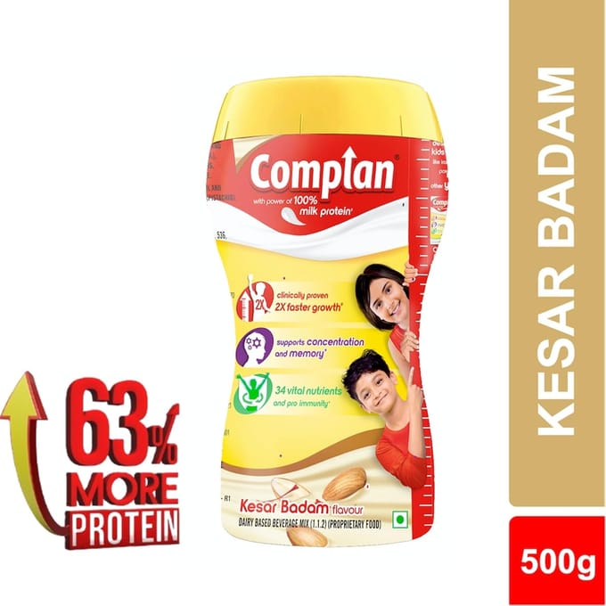 Complan Kesar Badam Voedingsdrankpoeder voor Kinderen 500 g Pot Hoog in Eiwitten & 34 Voedingsstoffen red
