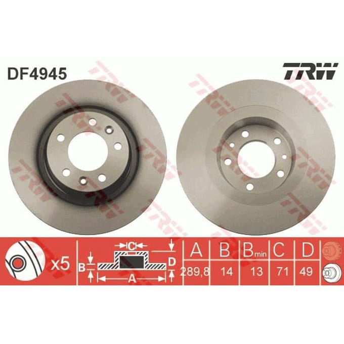 Remschijf TRW DF4945 achter, volledig, sterk gecarboniseerd, 1 Stuk