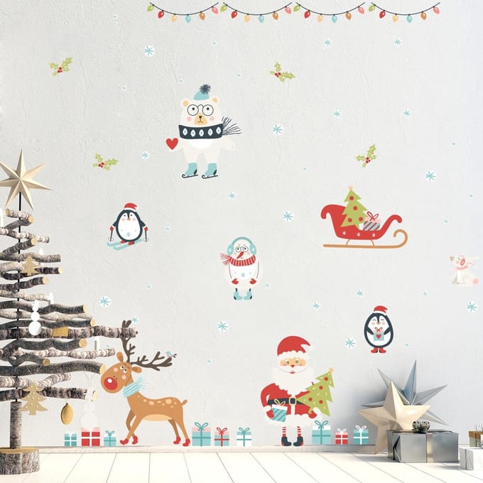 Kerststicker: Kerstman en dieren in de kerstsneeuw, 80 x 120 cm