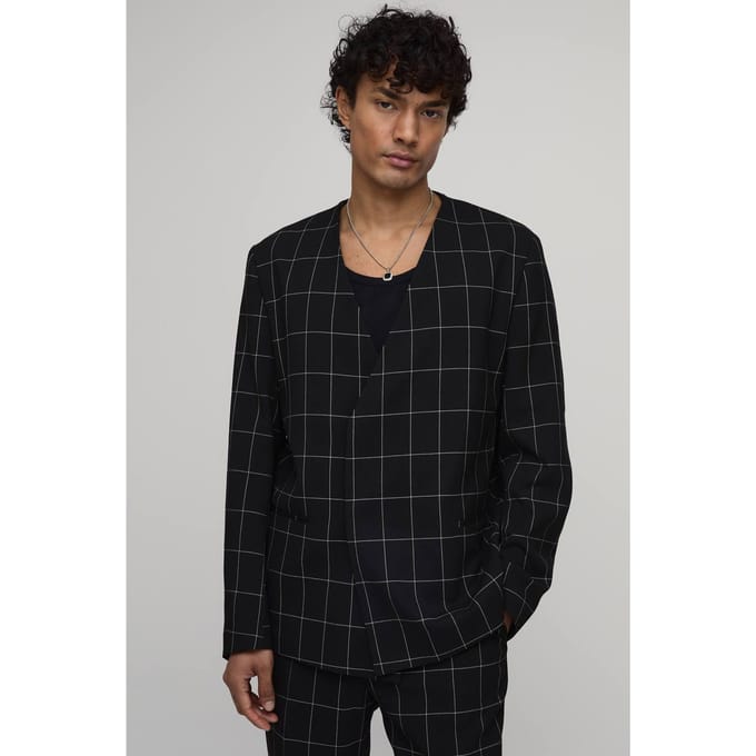 Windowpane Checked Collarless Regular Fit Wrap Blazer | Black | Size 46
