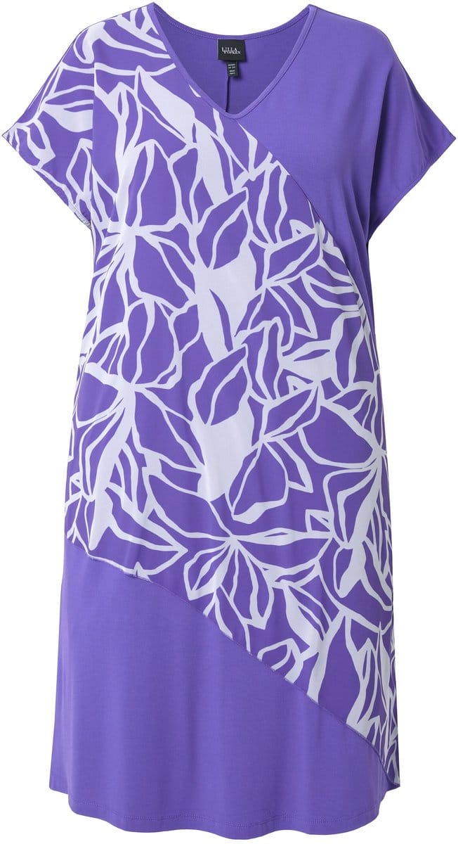 Ulla Popken - Dames - Jersey jurk chiffon overgooier V-hals korte mouwen - Purper - Maat 42+