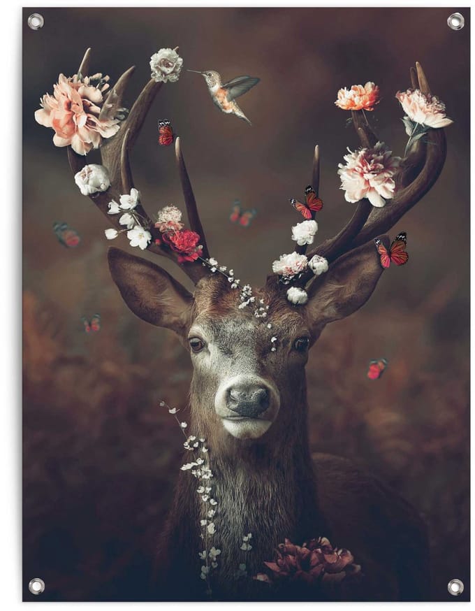 Tuinposter Hert met bloemengewei - 80 x 60 - Canvas - REINDERS