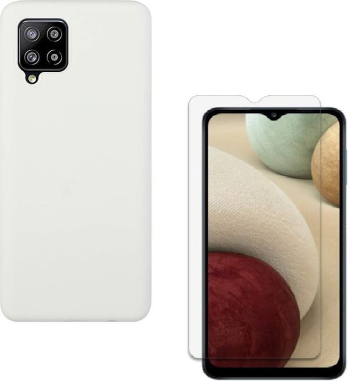 Solid hoesje Geschikt voor: Samsung Galaxy A42 5G Soft Touch Liquid Silicone Flexible TPU Rubber - Wit  + 1X Screenprotector Tempered Glass