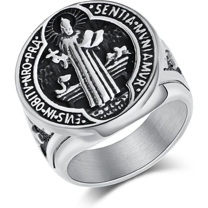 Europese en Amerikaanse Retro Sint Benedictus Exorcist Merk Titanium Staal Herenring 9#