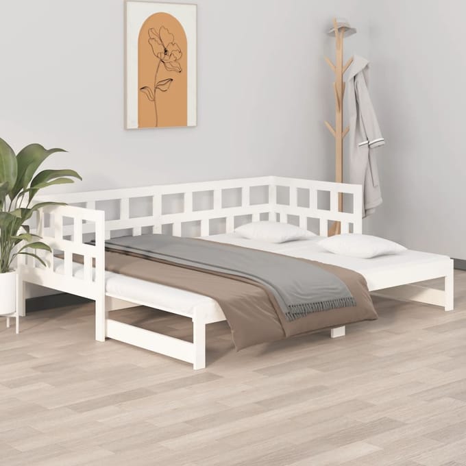 vidaXL - Slaapbank - uitschuifbaar - massief - grenenhout - wit - 2x(90x200) - cm
