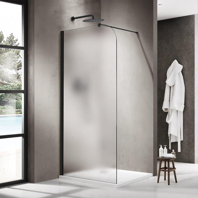 FugaFlow Eccelente Vetro Inloopdouche - 100x200cm - afgeronde glaswand - links - mat glas - wandarm - mat zwart
