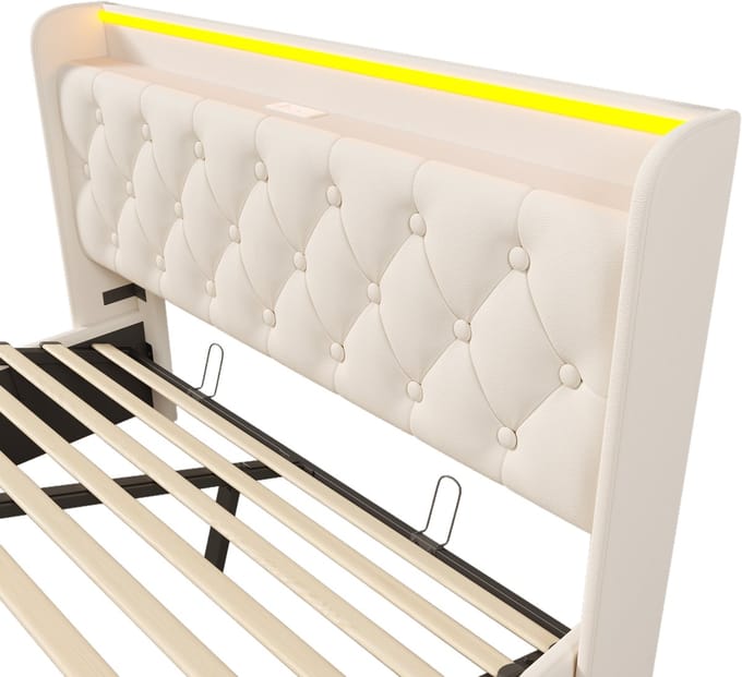 COVREO Bed 140x190 cm wit, kunstleer met LED en hydraulische opbergruimte